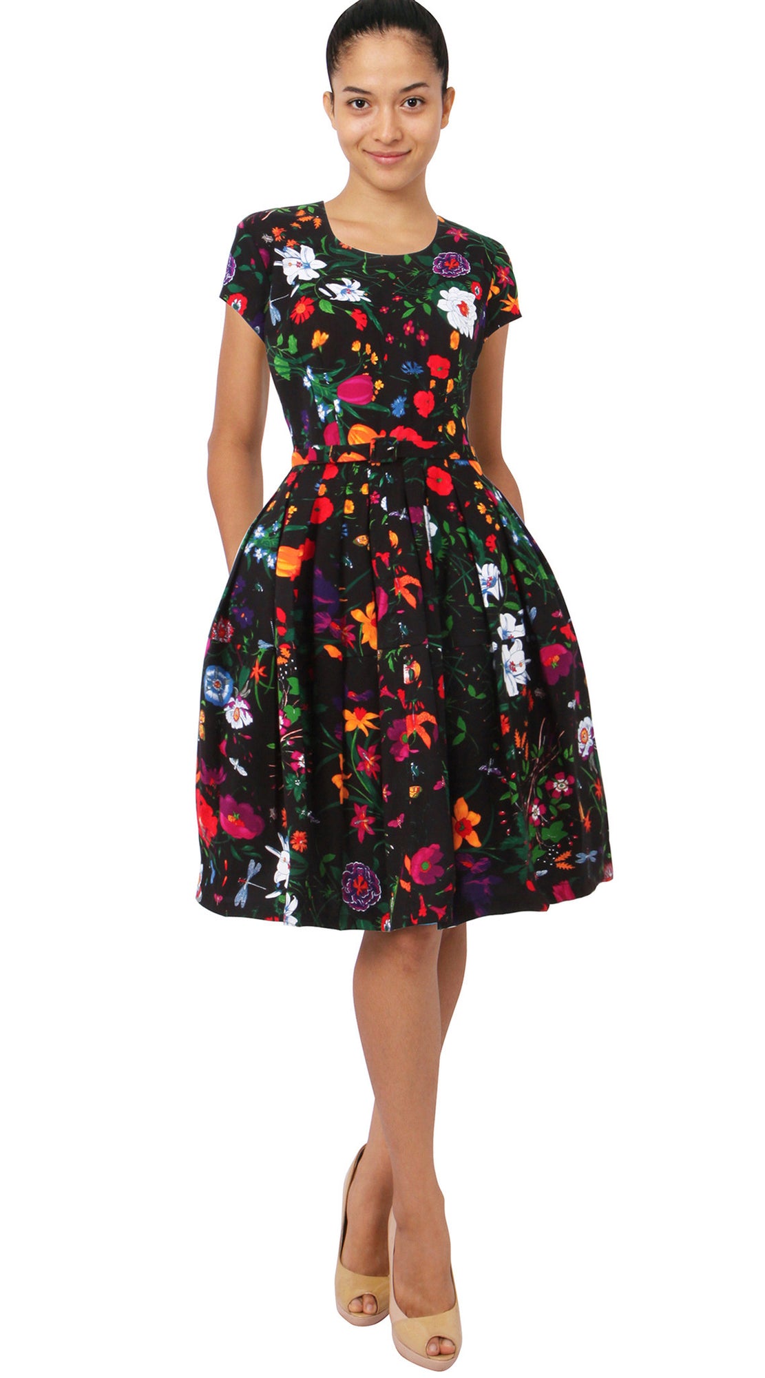 Short Sleeve | Botanical Garden | Black Indigan Red | Front | Dress By Samantha Sung