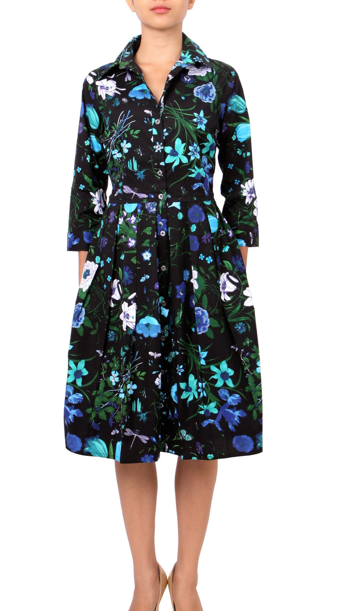 3/4 Sleeve | Botanical Garden | Black Sea Blue | Front | Shirt Dress By Samantha Sung
