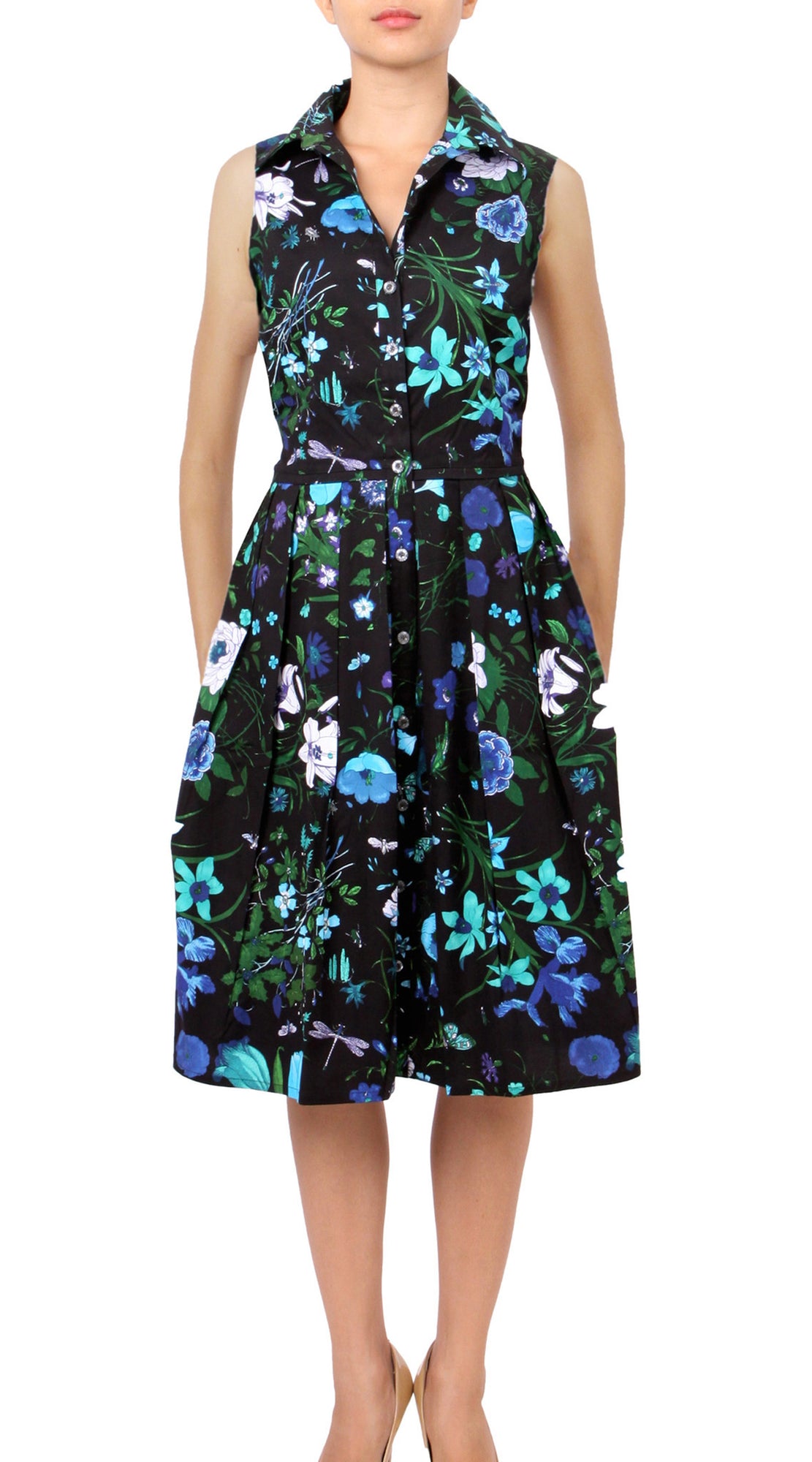 Sleeveless | Botanical Garden | Black Sea Blue | Front | Shirt Dress By Samantha Sung