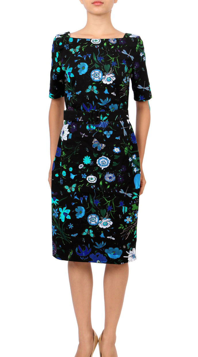 1/2 Sleeve | Botanical Garden | Black Sea Blue | Front | Dress By Samantha Sung