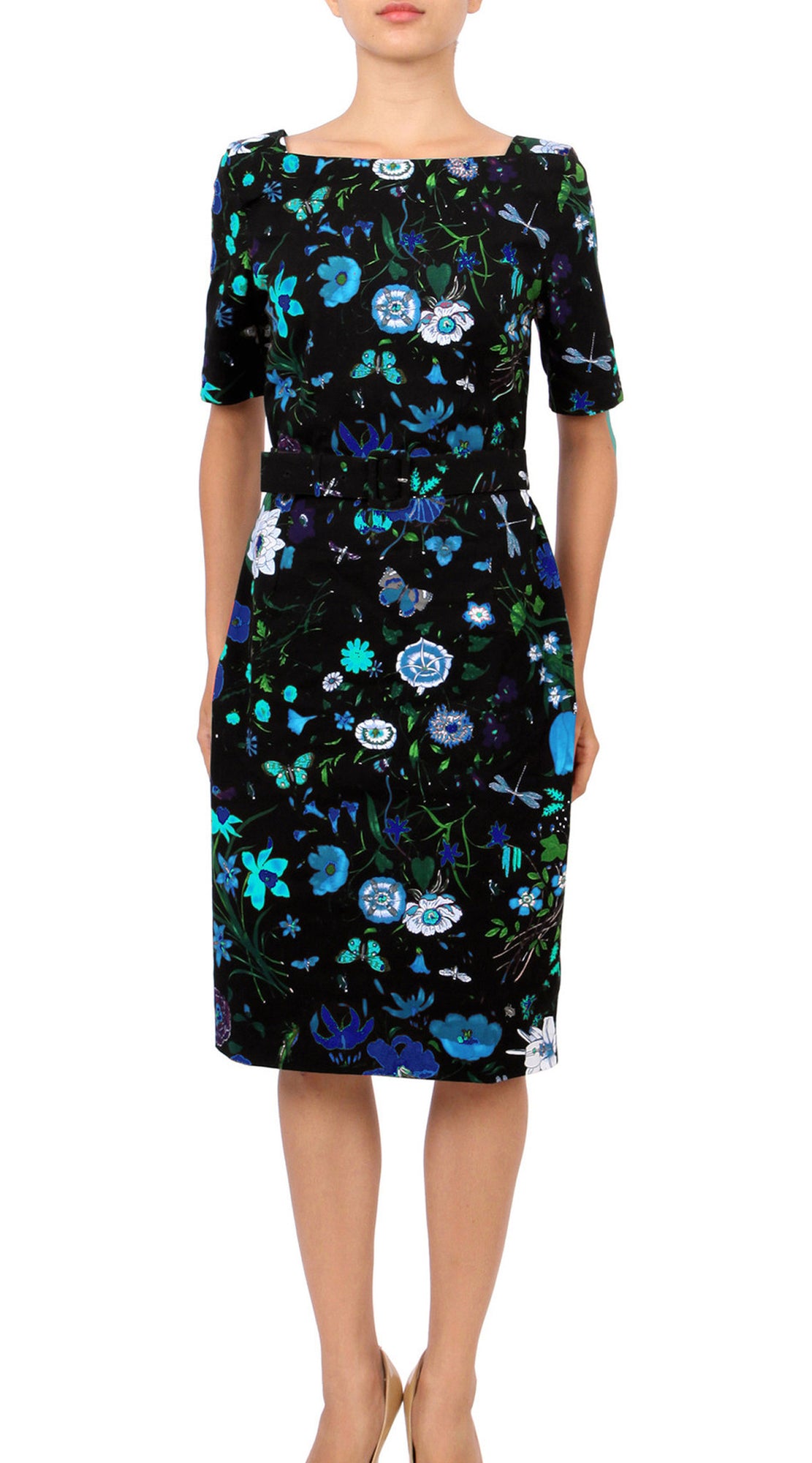 1/2 Sleeve | Botanical Garden | Black Sea Blue | Front | Dress By Samantha Sung