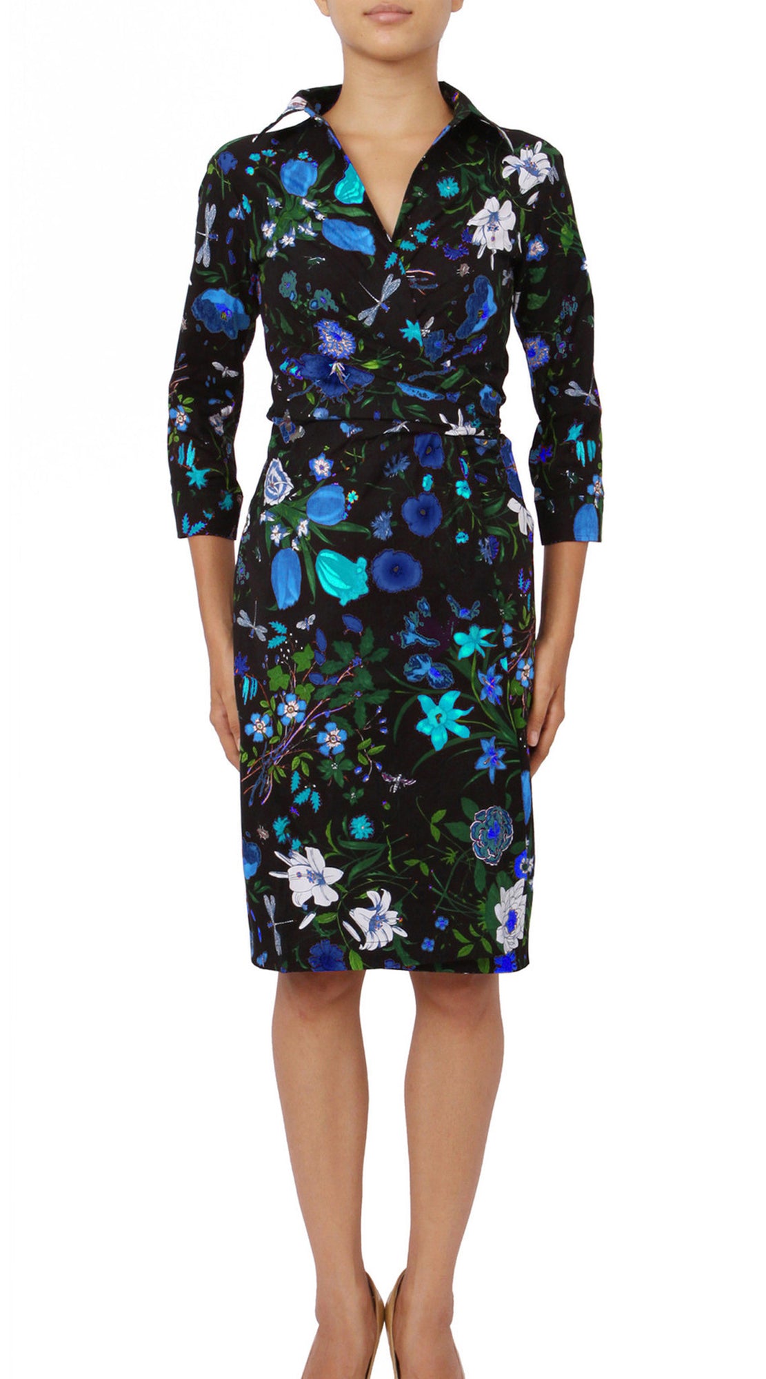 3/4 Sleeve | Botanical Garden | Black Sea Blue | Front | Shirt Dress By Samantha Sung