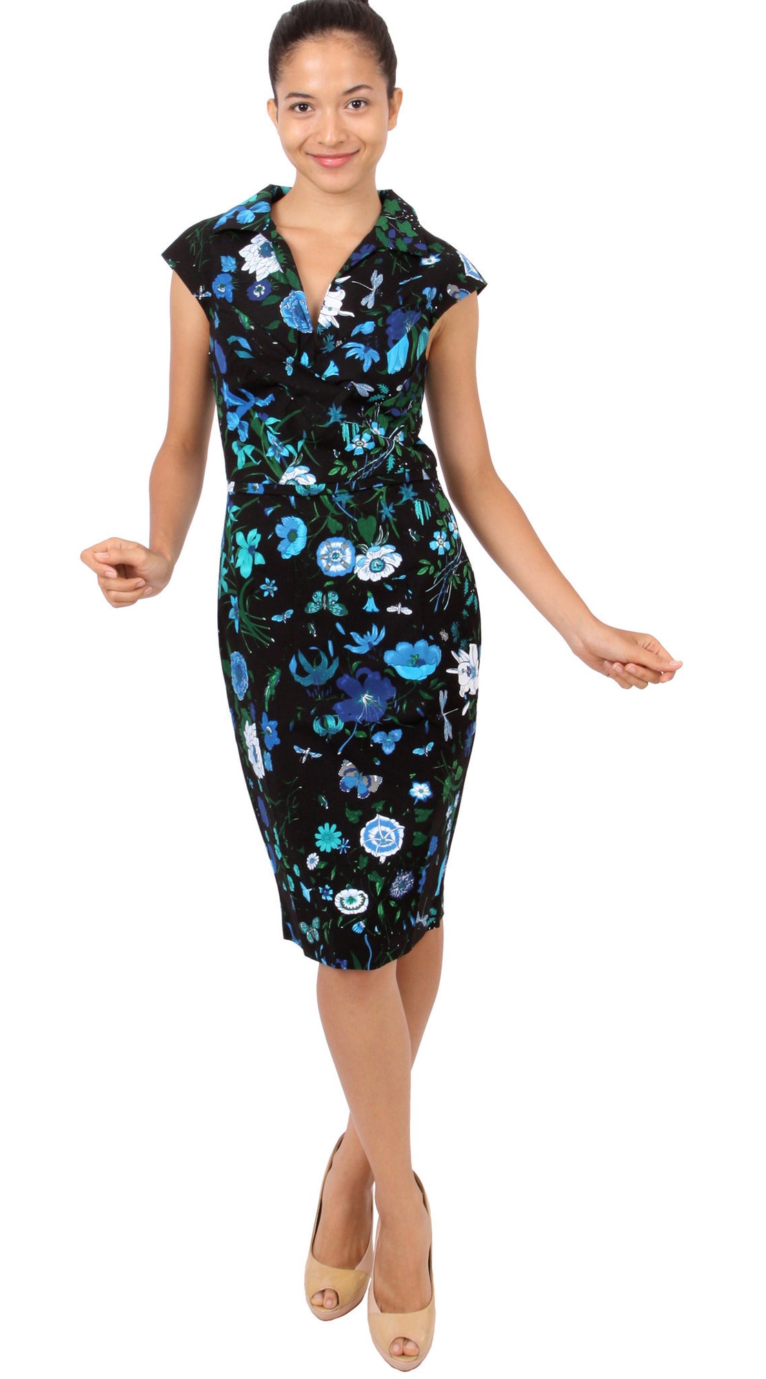 Cap Sleeve | Botanical Garden | Black Sea Blue | Front-1 | Dress By Samantha Sung