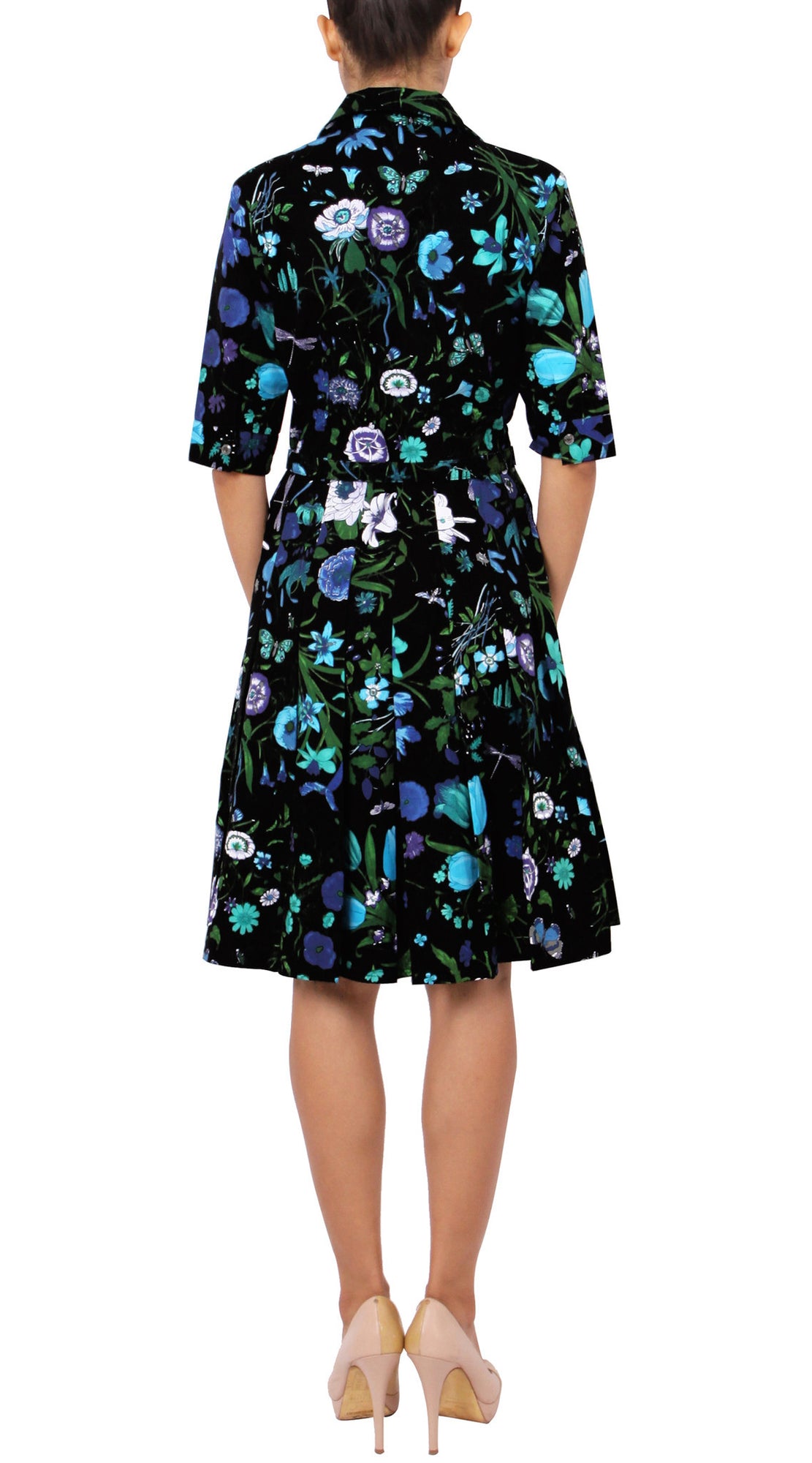 1/2 Sleeve | Botanical Garden | Black Sea Blue | Back | Shirt Dress By Samantha Sung