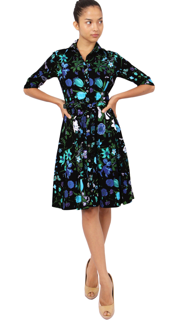 1/2 Sleeve | Botanical Garden | Black Sea Blue | Front-1 | Shirt Dress By Samantha Sung
