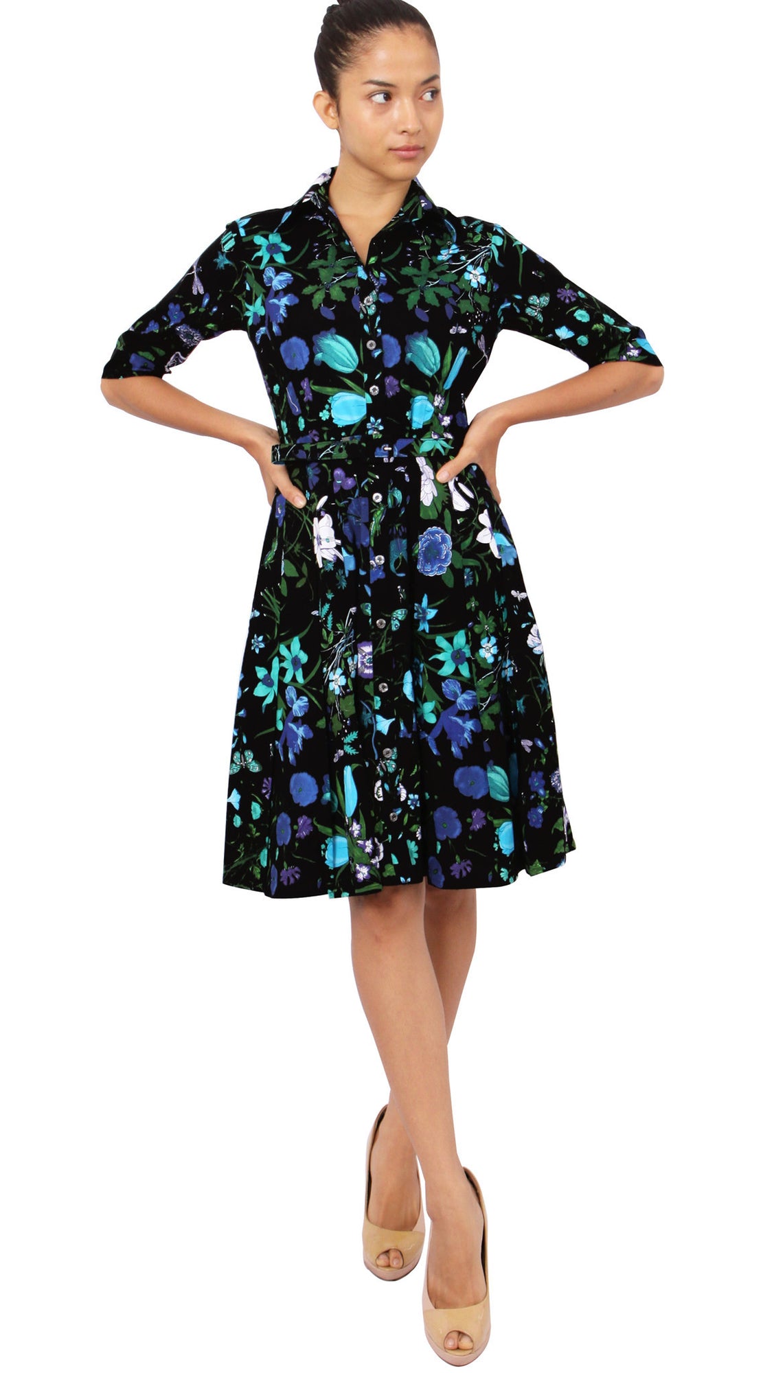 1/2 Sleeve | Botanical Garden | Black Sea Blue | Front-1 | Shirt Dress By Samantha Sung