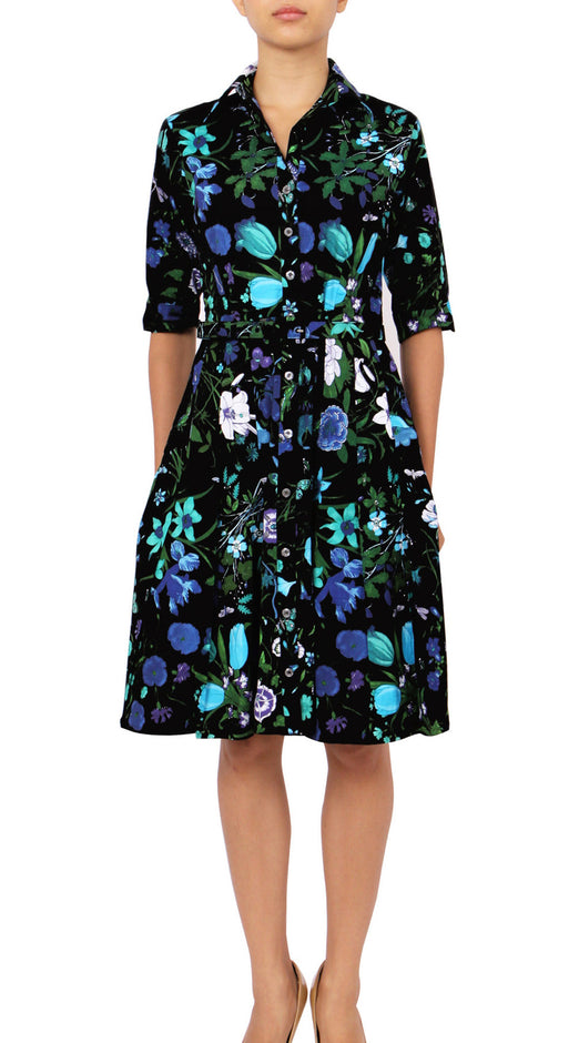 1/2 Sleeve | Botanical Garden | Black Sea Blue | Front-1 | Shirt Dress By Samantha Sung
