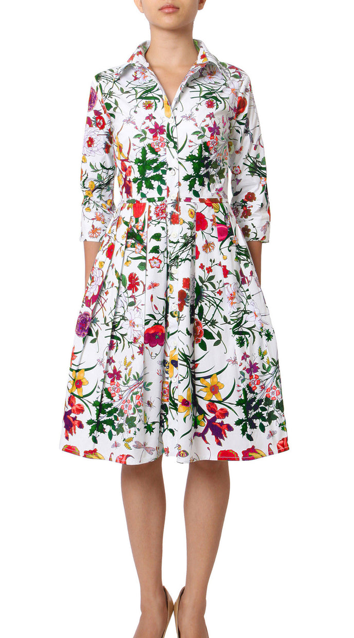 3/4 Sleeve | Botanical Garden | White Indian Red | Front | Shirt Dress By Samantha Sung