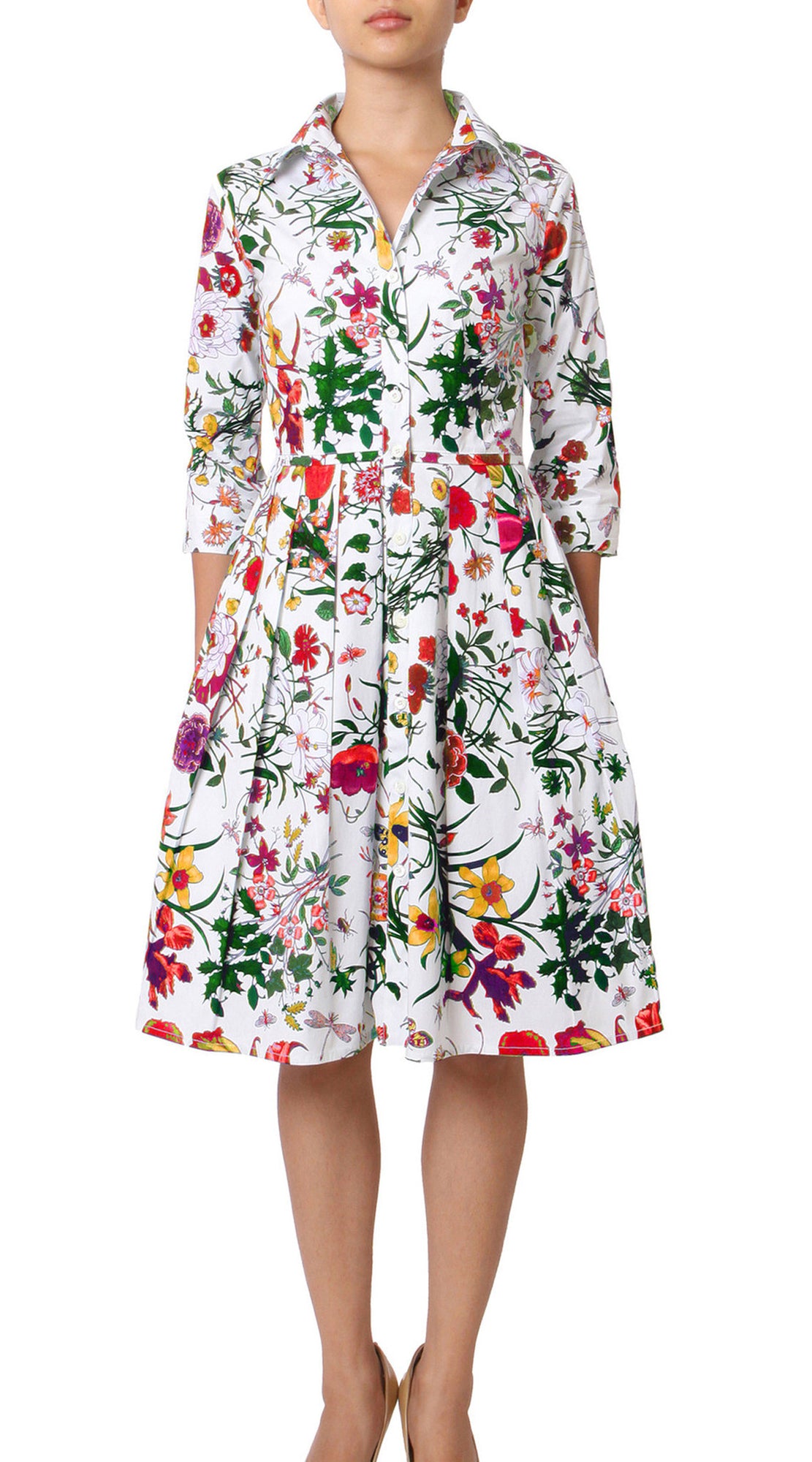 3/4 Sleeve | Botanical Garden | White Indian Red | Front | Shirt Dress By Samantha Sung