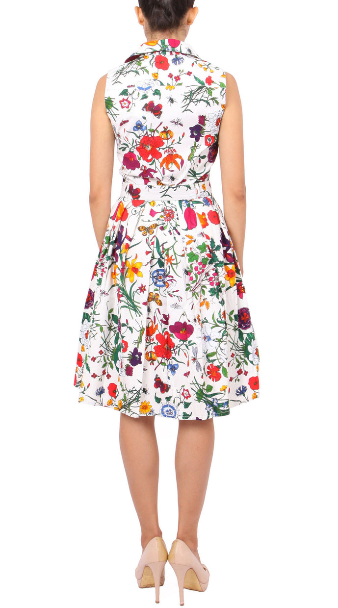 Sleeveless | Botanical Garden | White Indian Red | Back | Shirt Dress By Samantha Sung