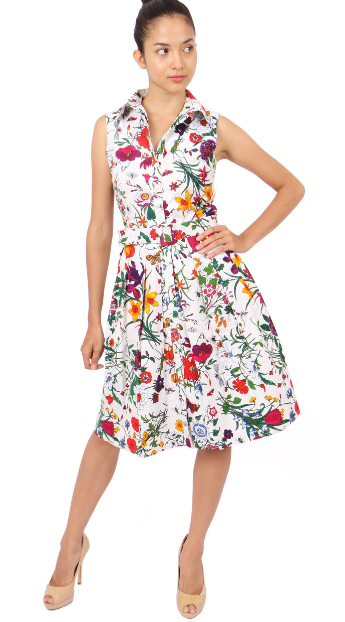Sleeveless | Botanical Garden | White Indian Red | Front-1 | Shirt Dress By Samantha Sung