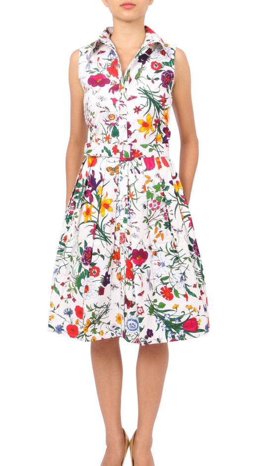 Sleeveless | Botanical Garden | White Indian Red | Front-1 | Shirt Dress By Samantha Sung