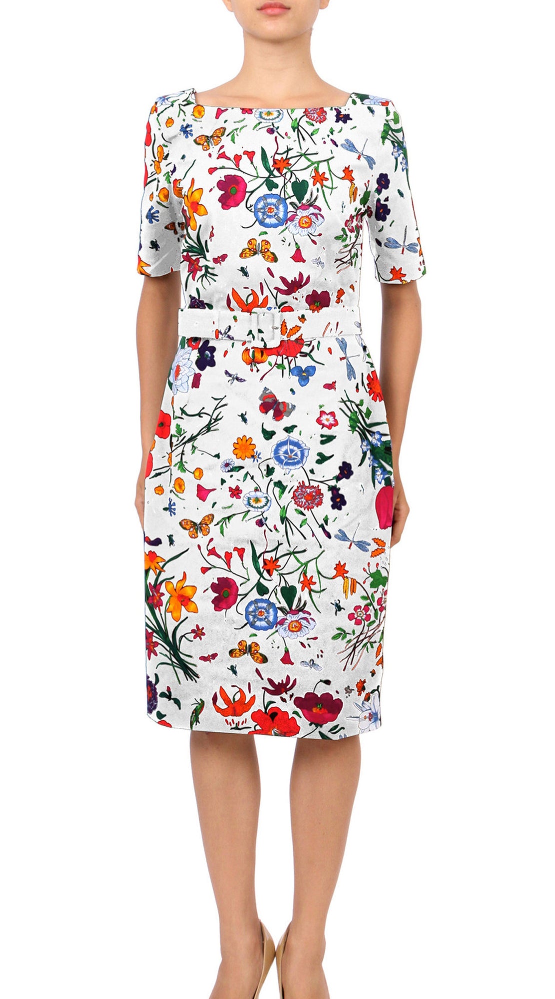 1/2 Sleeve | Botanical Garden | White Indian Red | Front | Dress By Samantha Sung