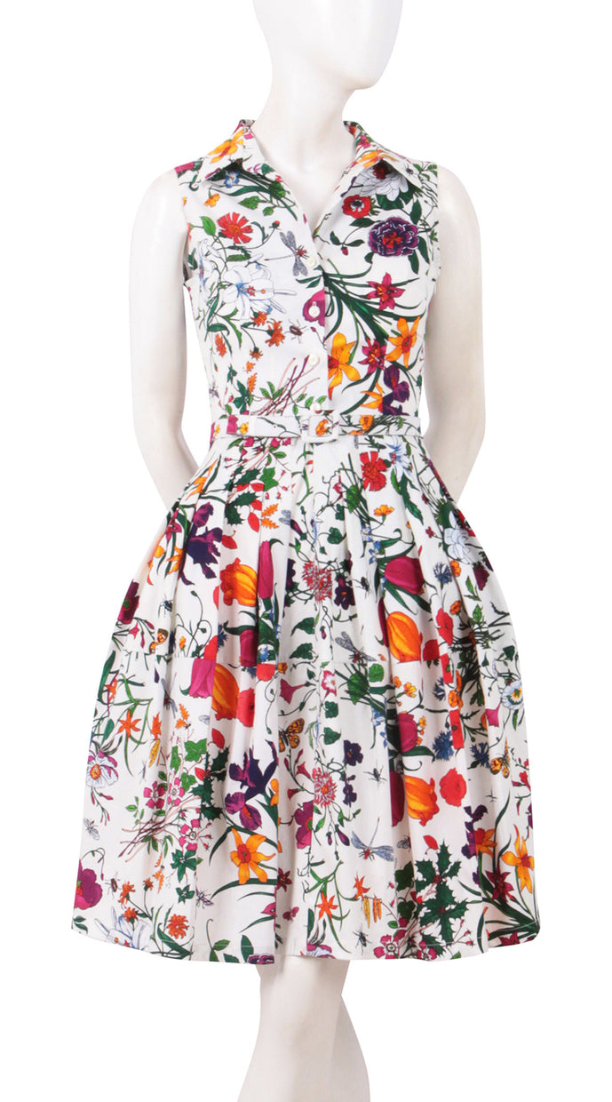 Sleeveless | Botanical Garden | White Indian Red | Front | Shirt Dress By Samantha Sung