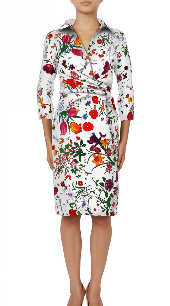 3/4 Sleeve | Botanical Garden | White Indian Red | Front | Shirt Dress By Samantha Sung