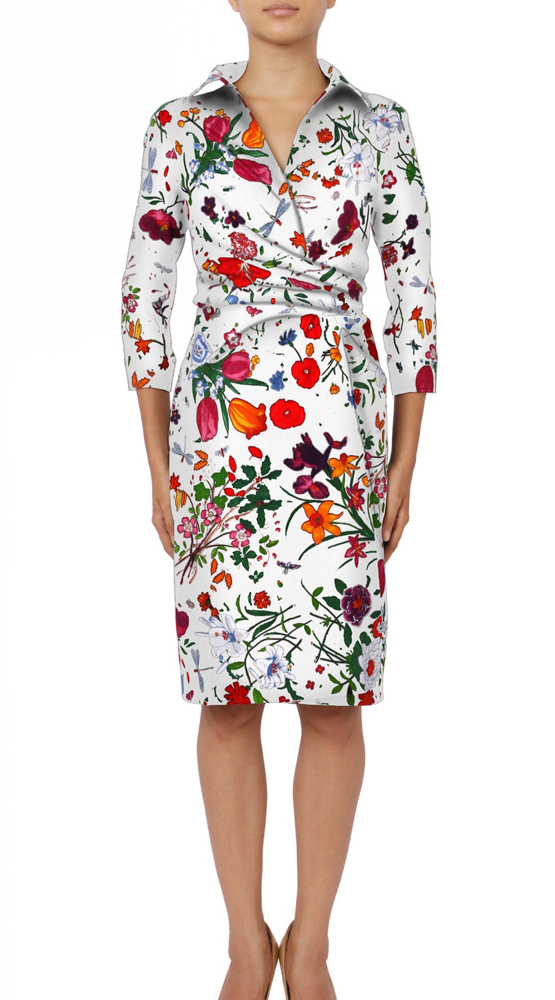 3/4 Sleeve | Botanical Garden | White Indian Red | Front | Shirt Dress By Samantha Sung