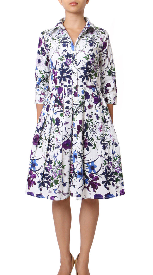 3/4 Sleeve | Botanical Garden | Black Indian Red | Front-1 | Shirt Dress By Samantha Sung