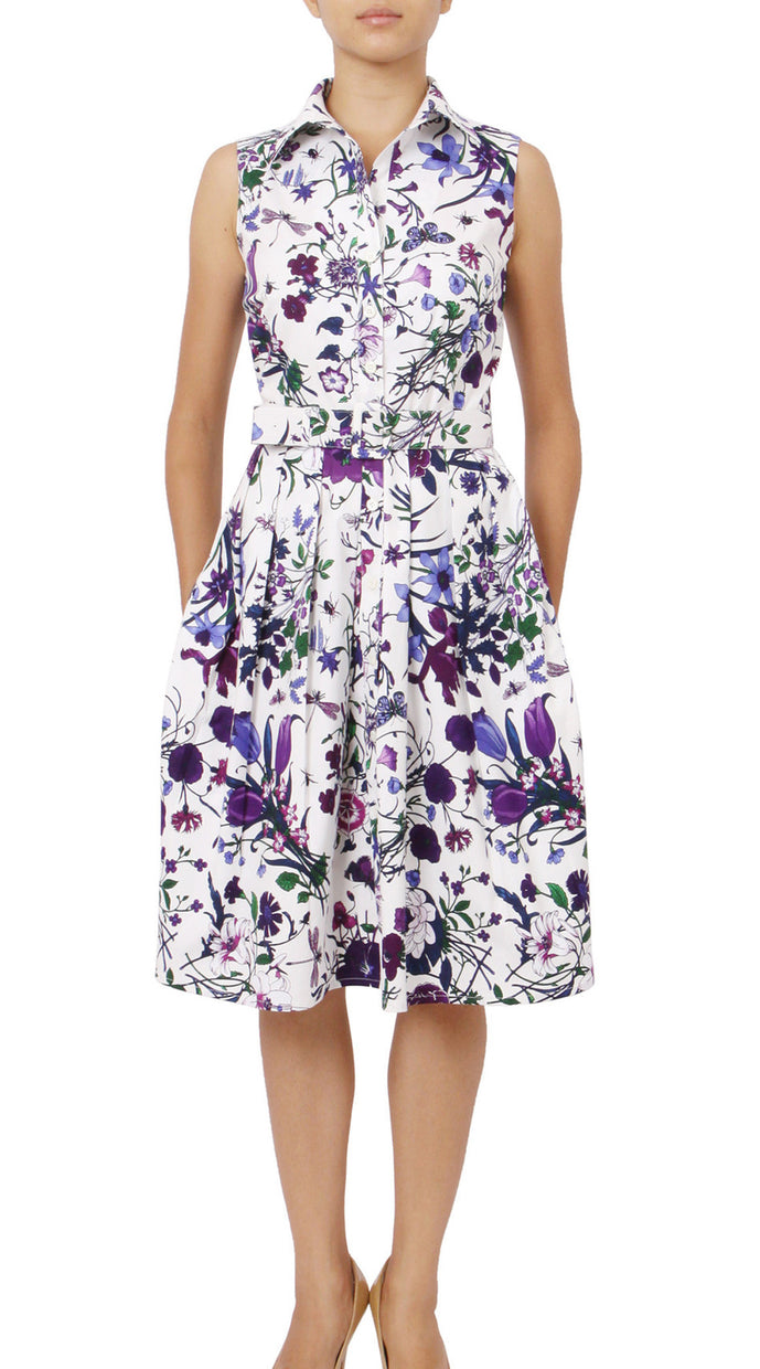 Sleeveless | Botanical Garden | White Lilac | Front | Shirt Dress By Samantha Sung