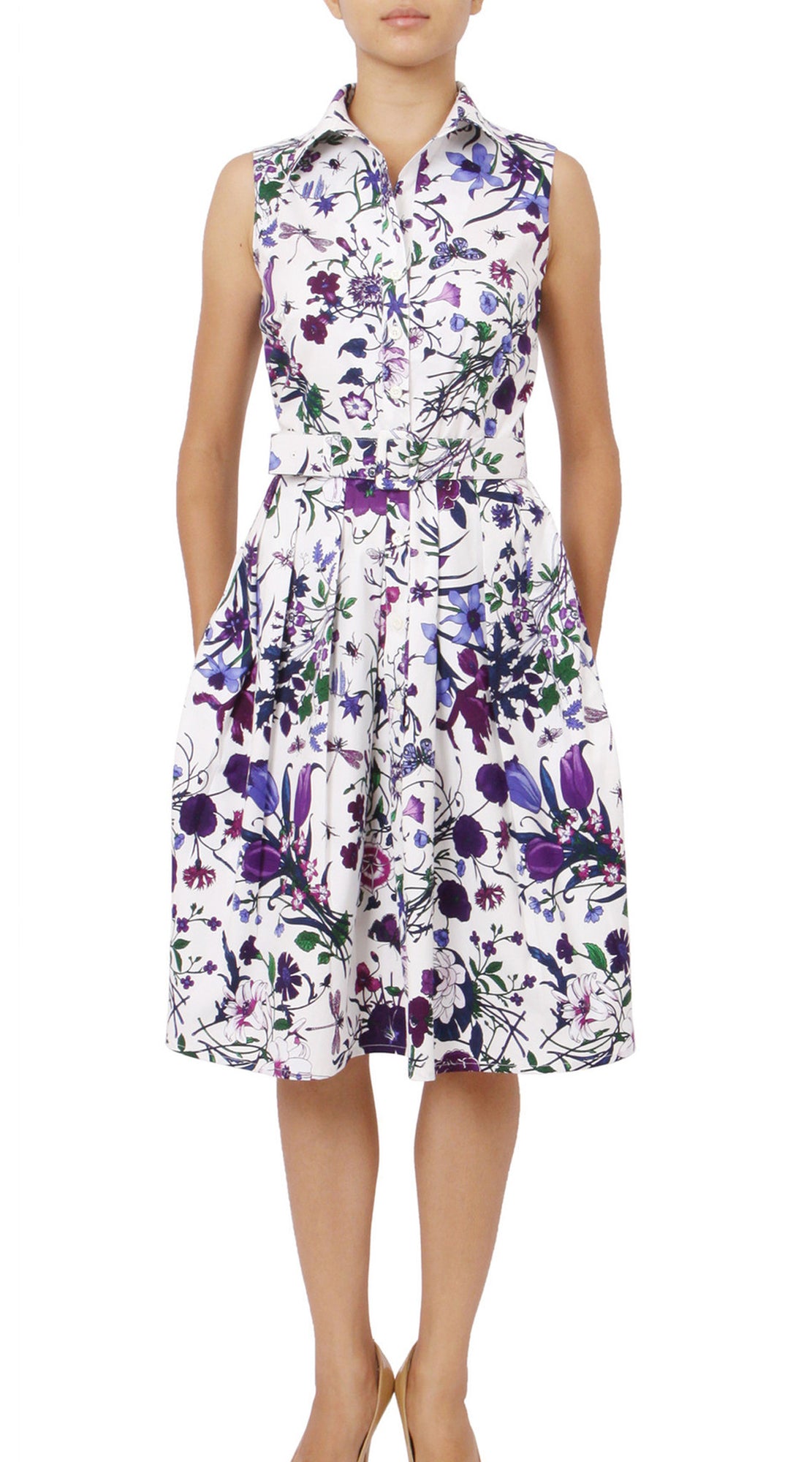 Sleeveless | Botanical Garden | White Lilac | Front | Shirt Dress By Samantha Sung