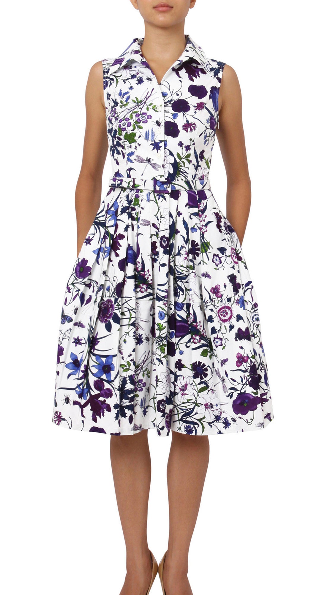 Sleeveless | Botanical Garden | White Lilac | Front | Shirt Dress By Samantha Sung
