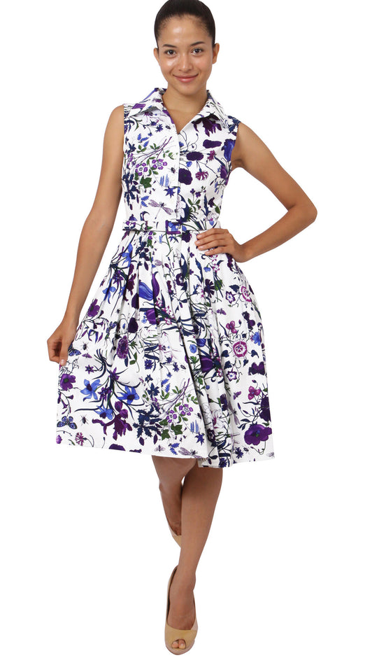Sleeveless | Botanical Garden | White Lilac | Front-1 | Shirt Dress By Samantha Sung