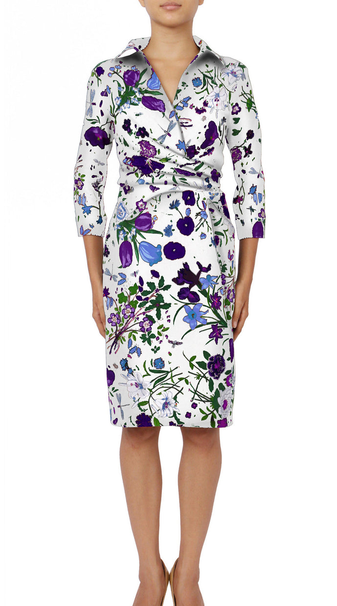 3/4 Sleeve | Botanical Garden | White Lilac | Front | Shirt Dress By Samantha Sung