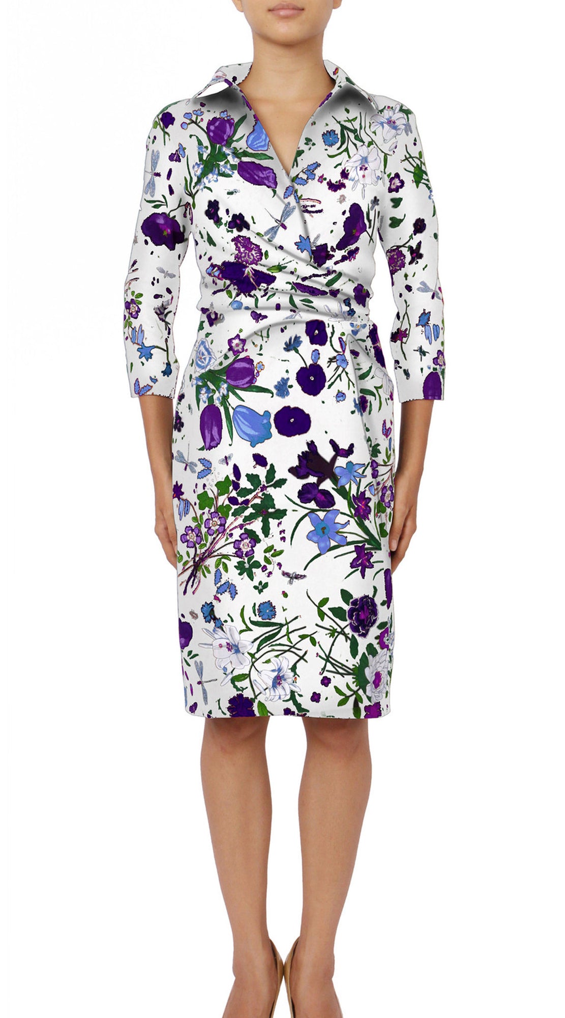 3/4 Sleeve | Botanical Garden | White Lilac | Front | Shirt Dress By Samantha Sung