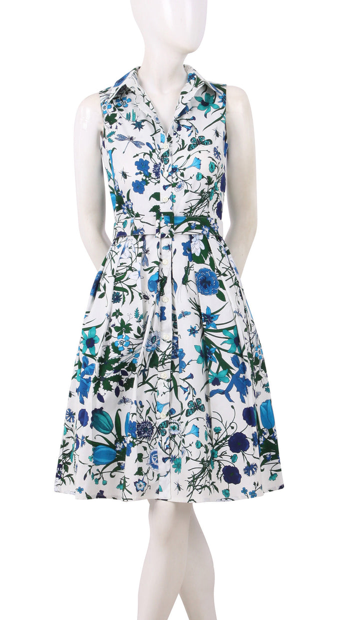 Sleeveless | Botanical Garden | White Sea Blue | Front | Shirt Dress By Samantha Sung
