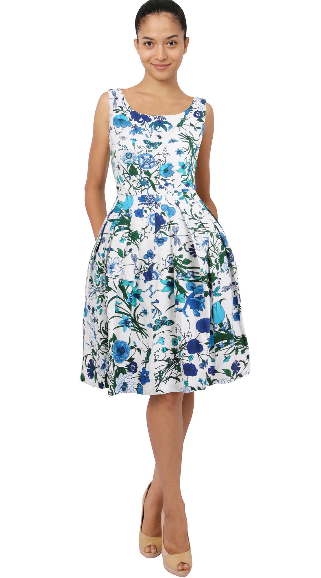 Sleeveless | Botanical Garden | White Sea Blue | Front | Dress By Samantha Sung
