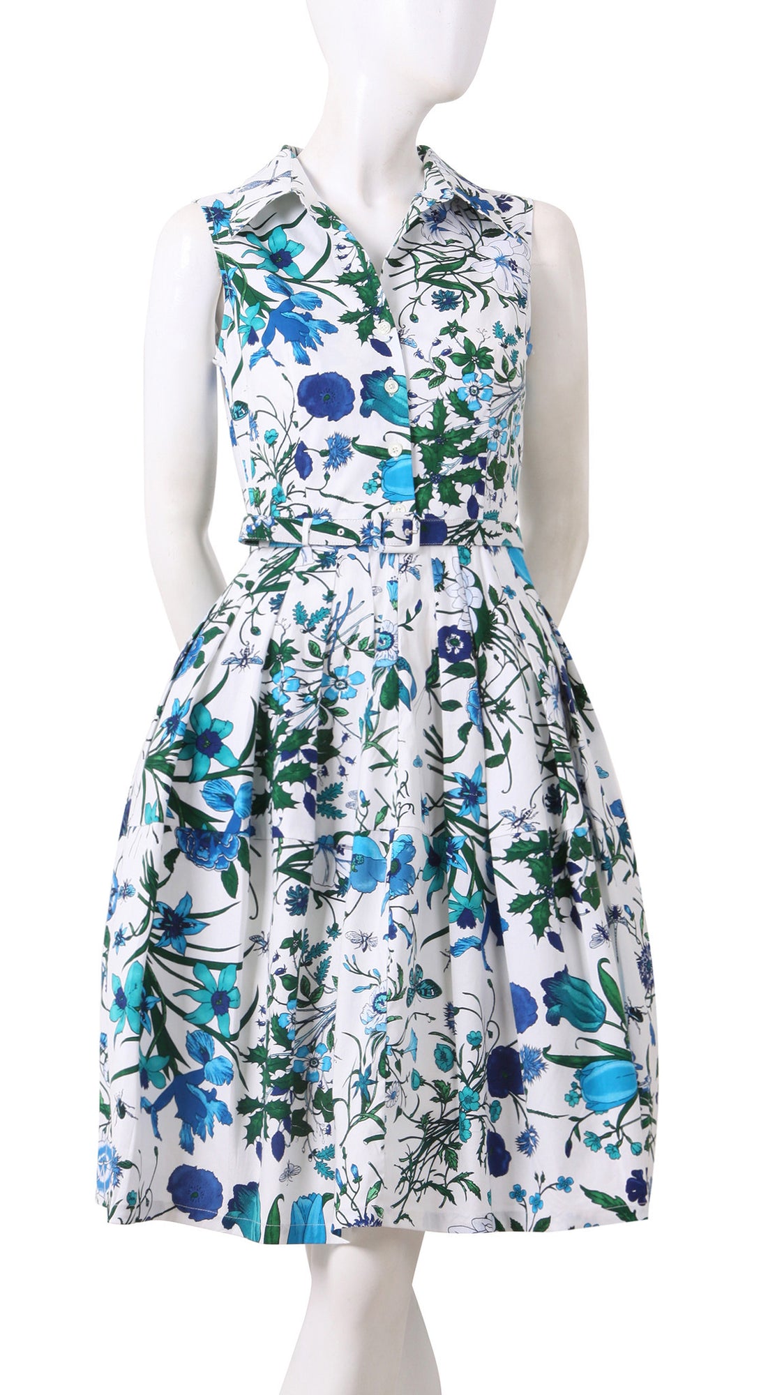 Sleeveless | Botanical Garden | White Sea Blue | Front | Shirt Dress By Samantha Sung