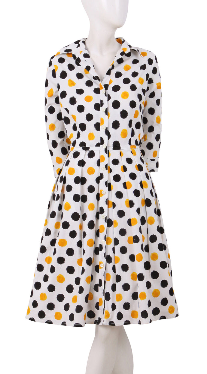 3/4 Sleeve | Capri Dots | White Black Chrome Yellow | Front | Shirt Dress By Samantha Sung