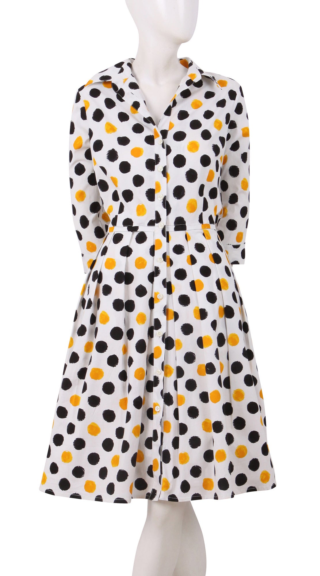 3/4 Sleeve | Capri Dots | White Black Chrome Yellow | Front | Shirt Dress By Samantha Sung