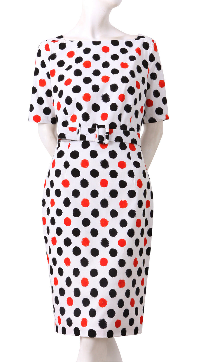 1/2 Sleeve | Capri Dots | White Black Indian Red | Front | Dress By Samantha Sung