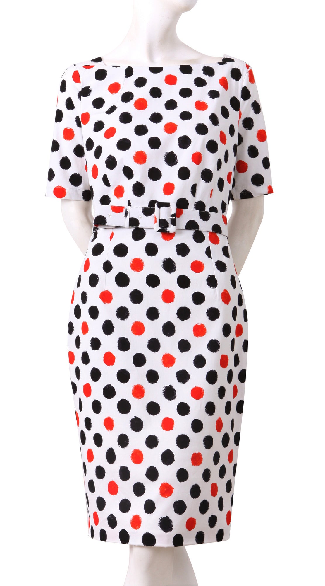 1/2 Sleeve | Capri Dots | White Black Indian Red | Front | Dress By Samantha Sung