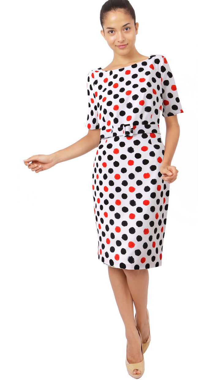 1/2 Sleeve | Capri Dots | White Black Indian Red | Front | Dress By Samantha Sung