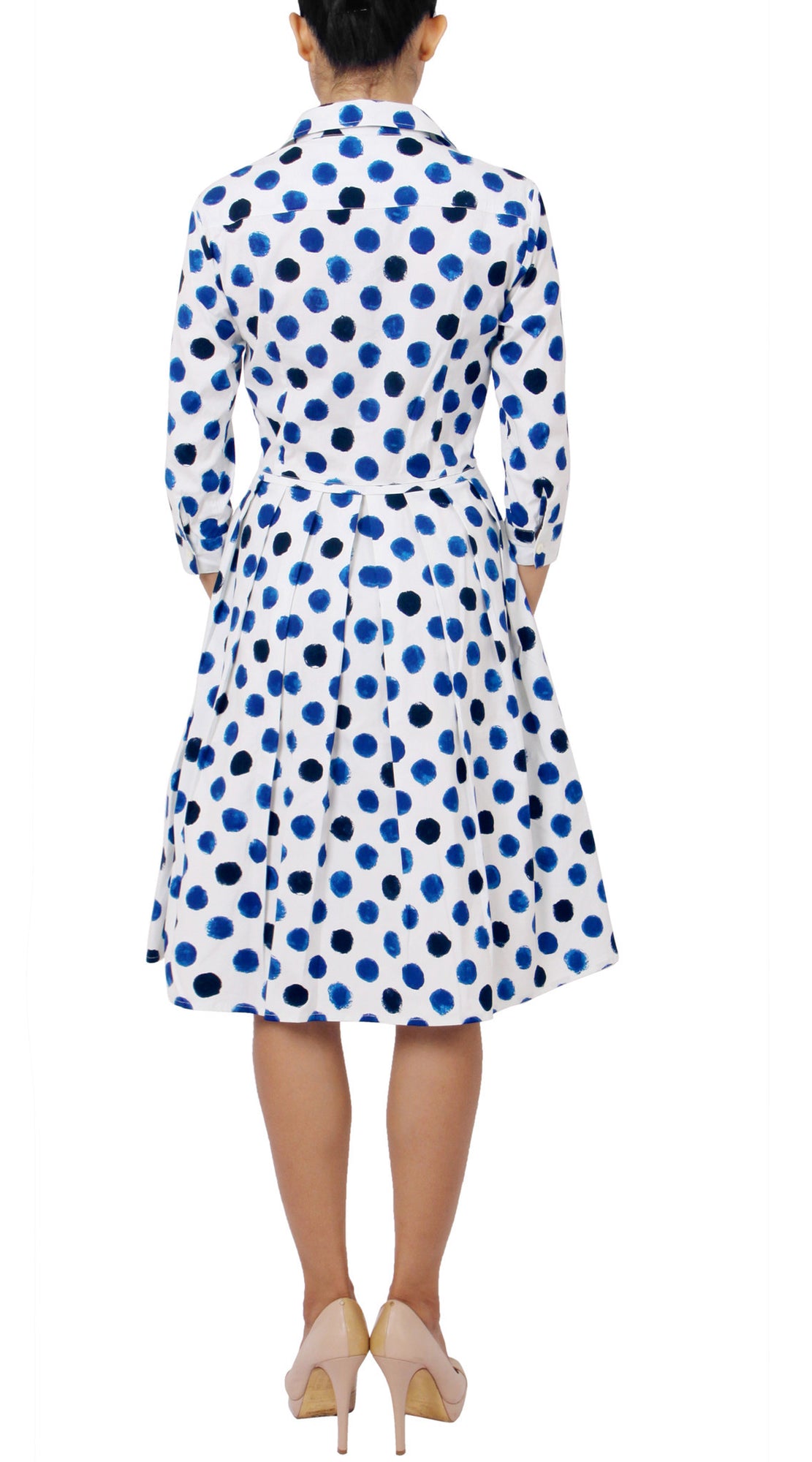 3/4 Sleeve | Capri Dots | White Sea Blue indigo | Back | Shirt Dress By Samantha Sung