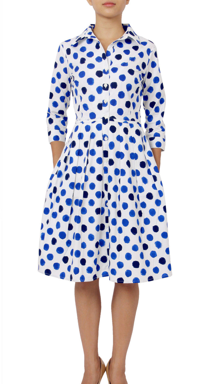 3/4 Sleeve | Capri Dots | White Sea Blue indigo | Front | Shirt Dress By Samantha Sung