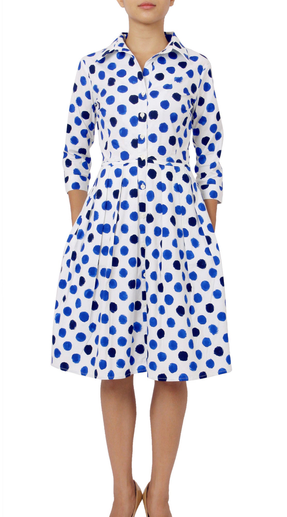 3/4 Sleeve | Capri Dots | White Sea Blue indigo | Front | Shirt Dress By Samantha Sung