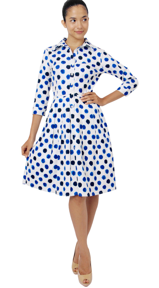 3/4 Sleeve | Capri Dots | White Sea Blue indigo | Front-1 | Shirt Dress By Samantha Sung