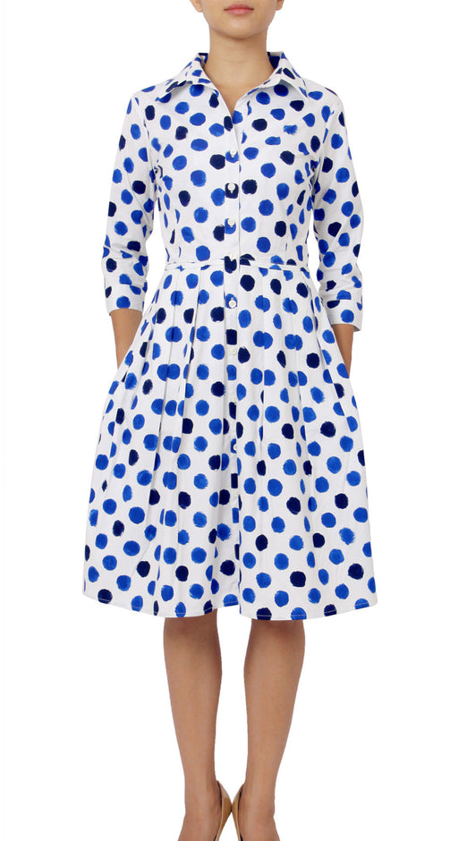 3/4 Sleeve | Capri Dots | White Sea Blue indigo | Front-1 | Shirt Dress By Samantha Sung
