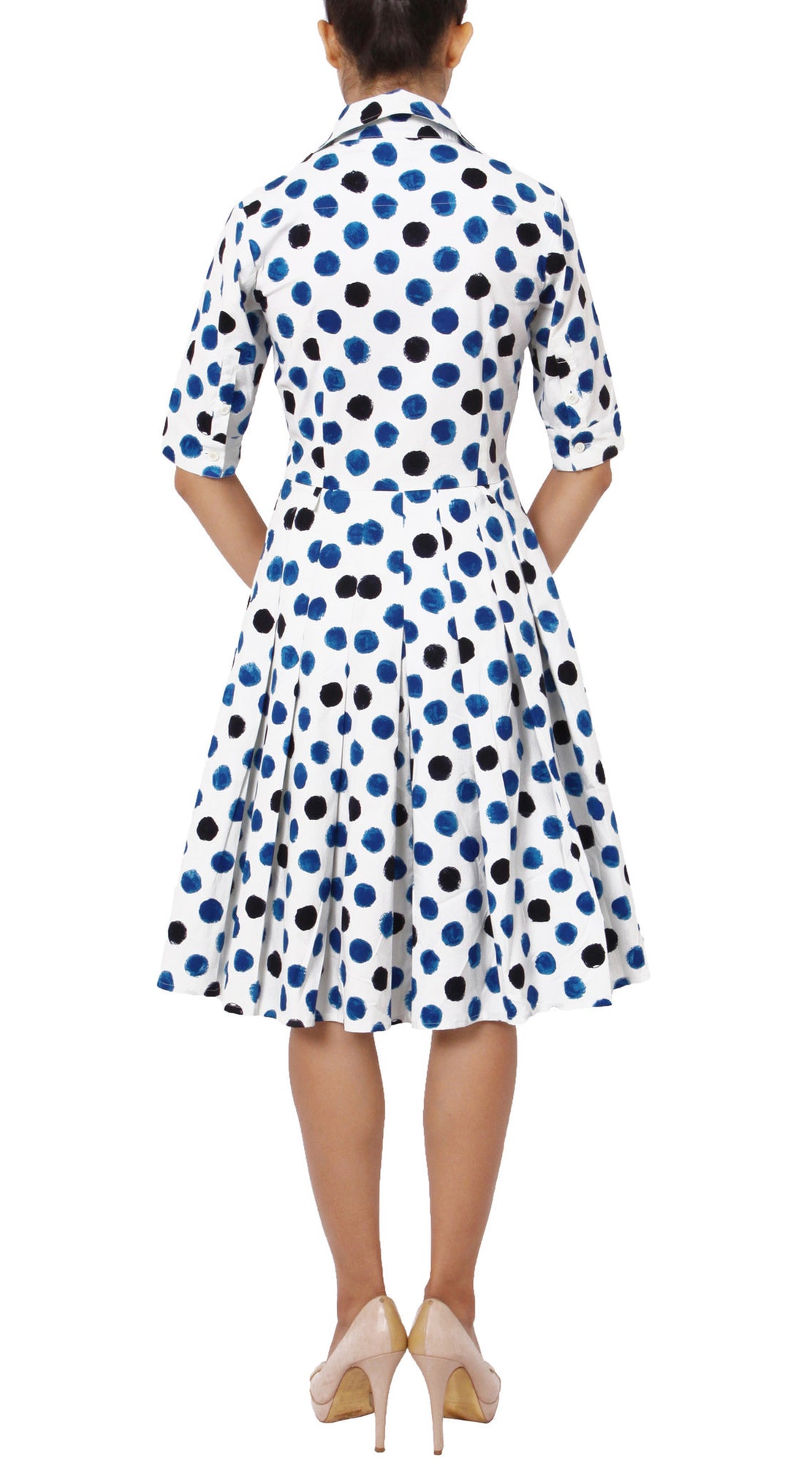 3/4 Sleeve | Capri Dots | White Sea Blue Indigo | Back | Shirt Dress By Samantha Sung