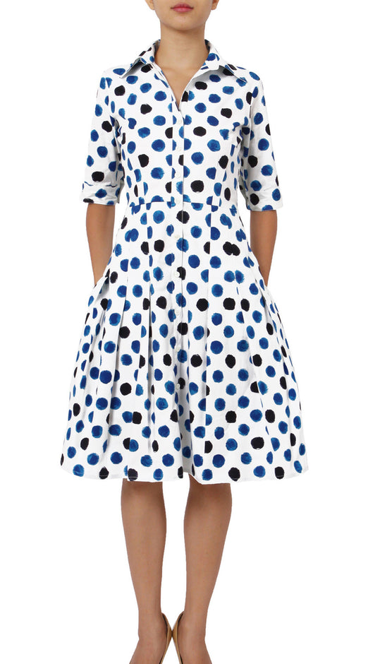 3/4 Sleeve | Capri Dots | White Sea Blue Indigo | Front-1 | Shirt Dress By Samantha Sung