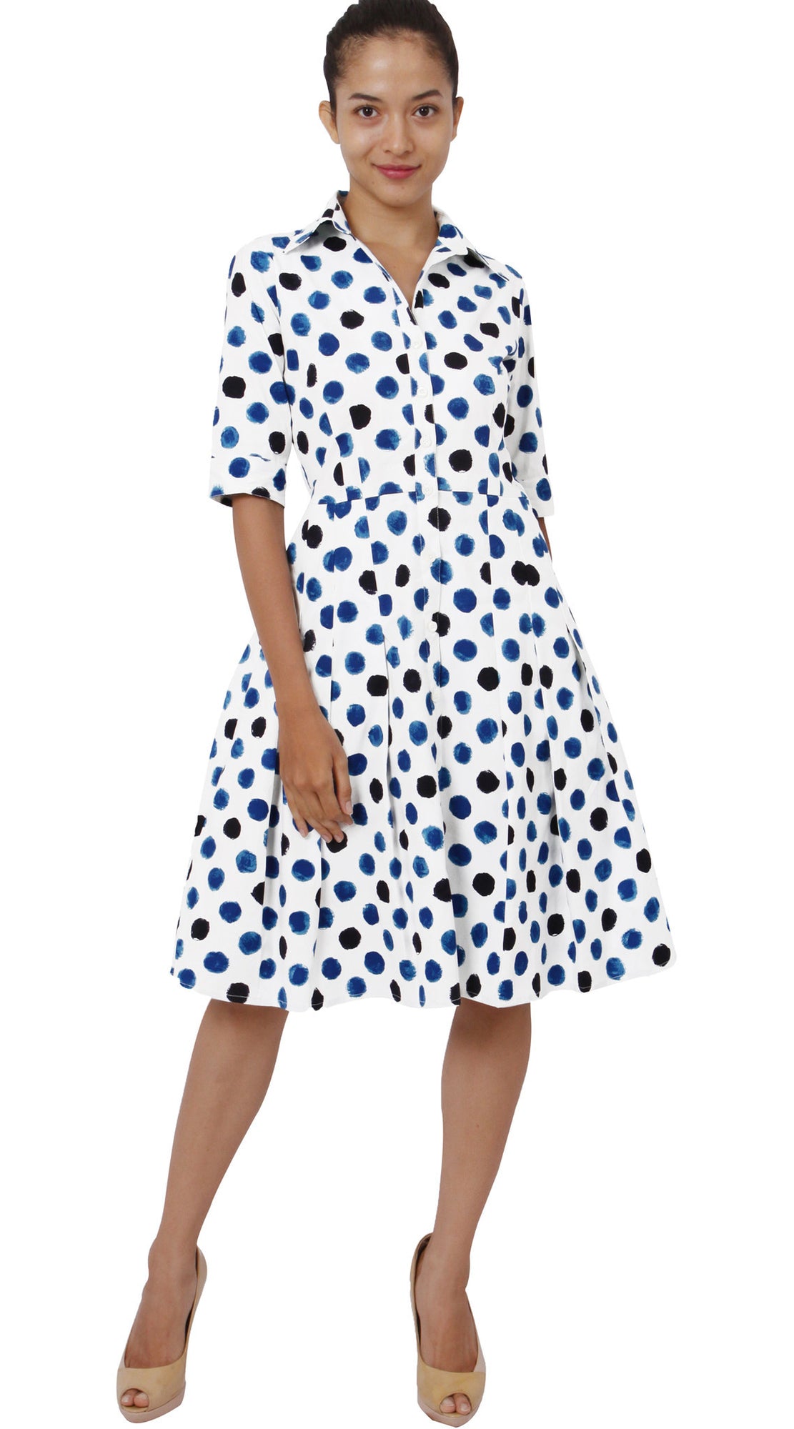 3/4 Sleeve | Capri Dots | White Sea Blue Indigo | Front-1 | Shirt Dress By Samantha Sung