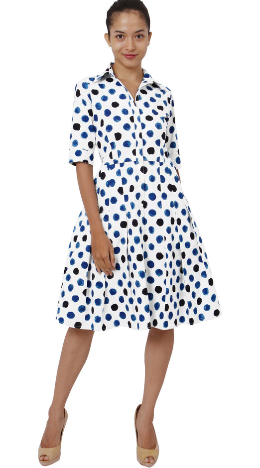 3/4 Sleeve | Capri Dots | White Sea Blue Indigo | Front-1 | Shirt Dress By Samantha Sung