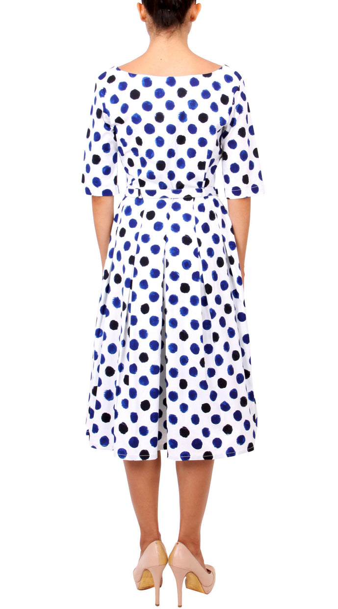 1/2 Sleeve | Capri Dots | White Sea Blue Indigo | Back | Dress By Samantha Sung
