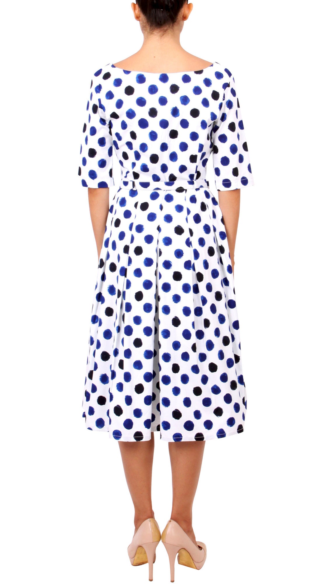1/2 Sleeve | Capri Dots | White Sea Blue Indigo | Back | Dress By Samantha Sung