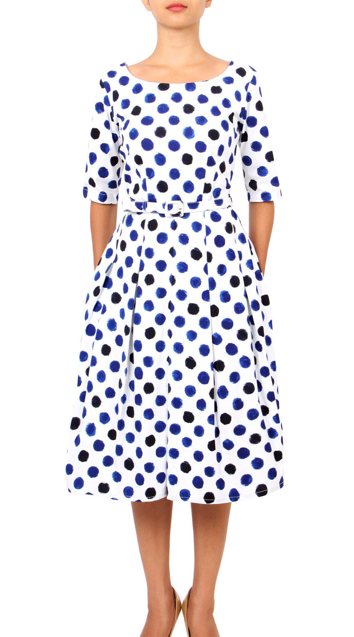 1/2 Sleeve | Capri Dots | White Sea Blue Indigo | Front | Dress By Samantha Sung