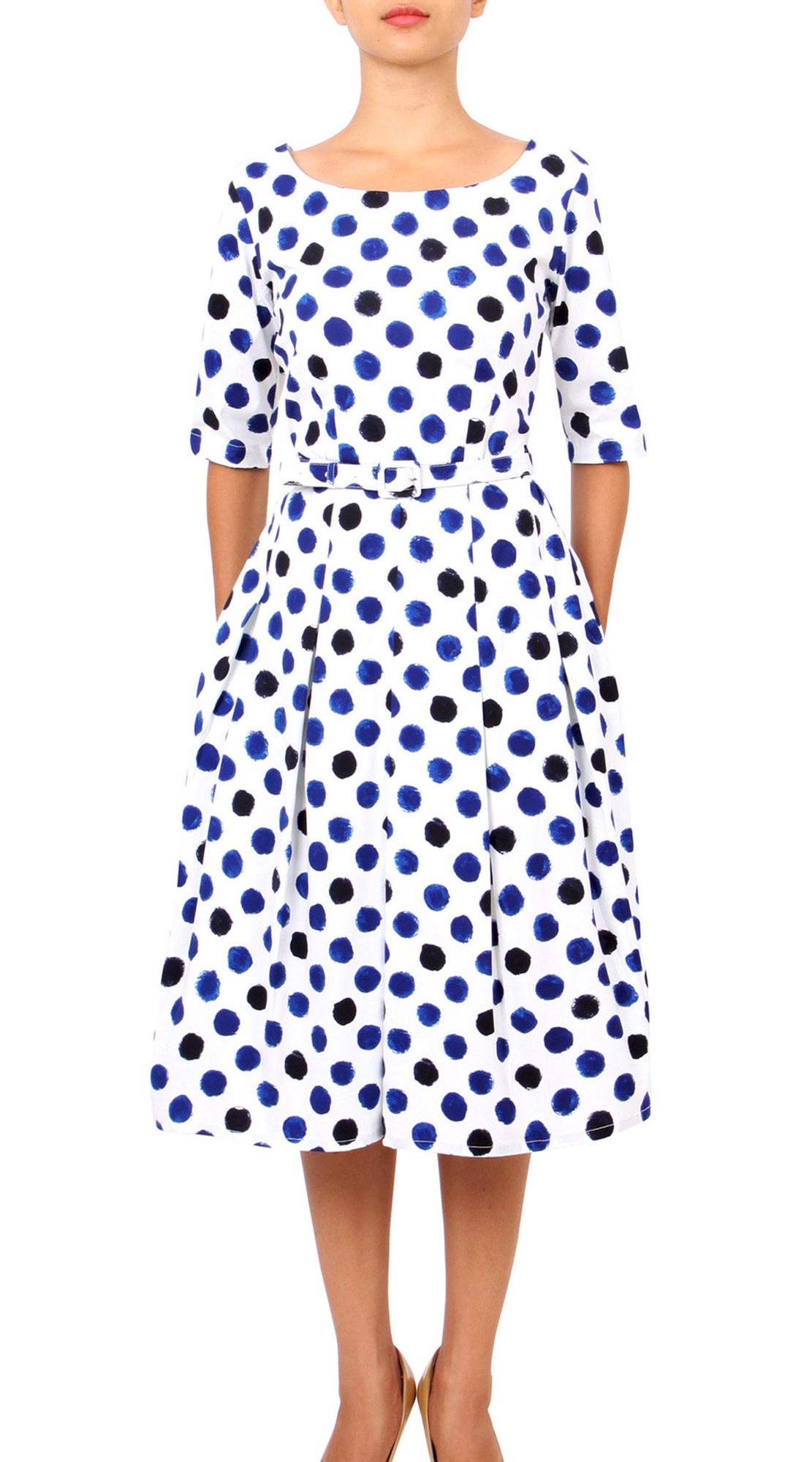 1/2 Sleeve | Capri Dots | White Sea Blue Indigo | Front | Dress By Samantha Sung