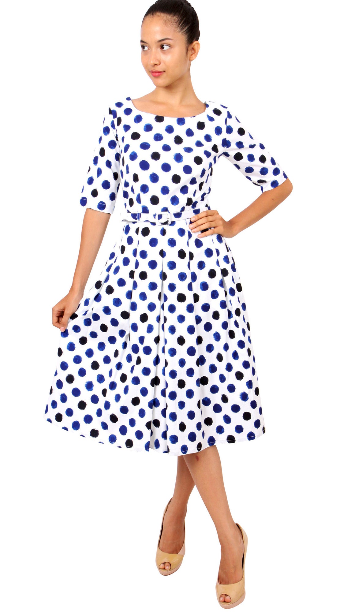1/2 Sleeve | Capri Dots | White Sea Blue Indigo | Front-1 | Dress By Samantha Sung