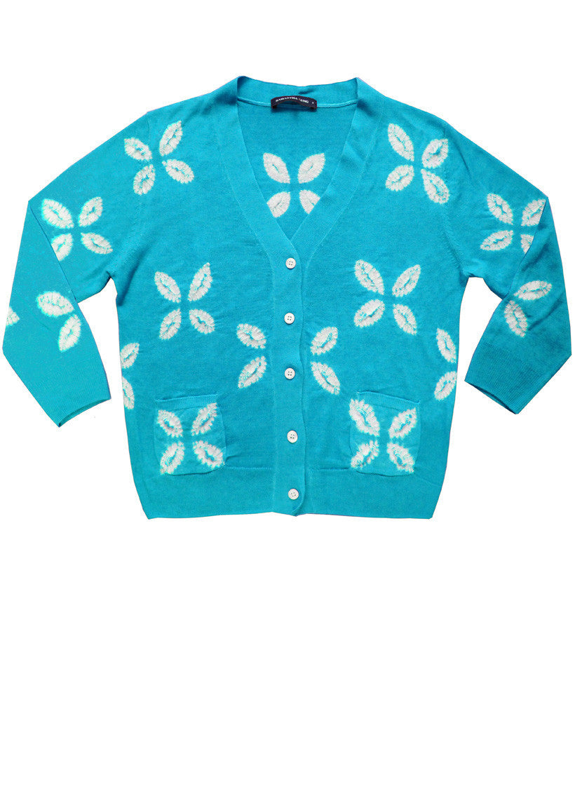 Short | Cross Lips | Aqua | Front-1 | Cardigan by Samantha Sung